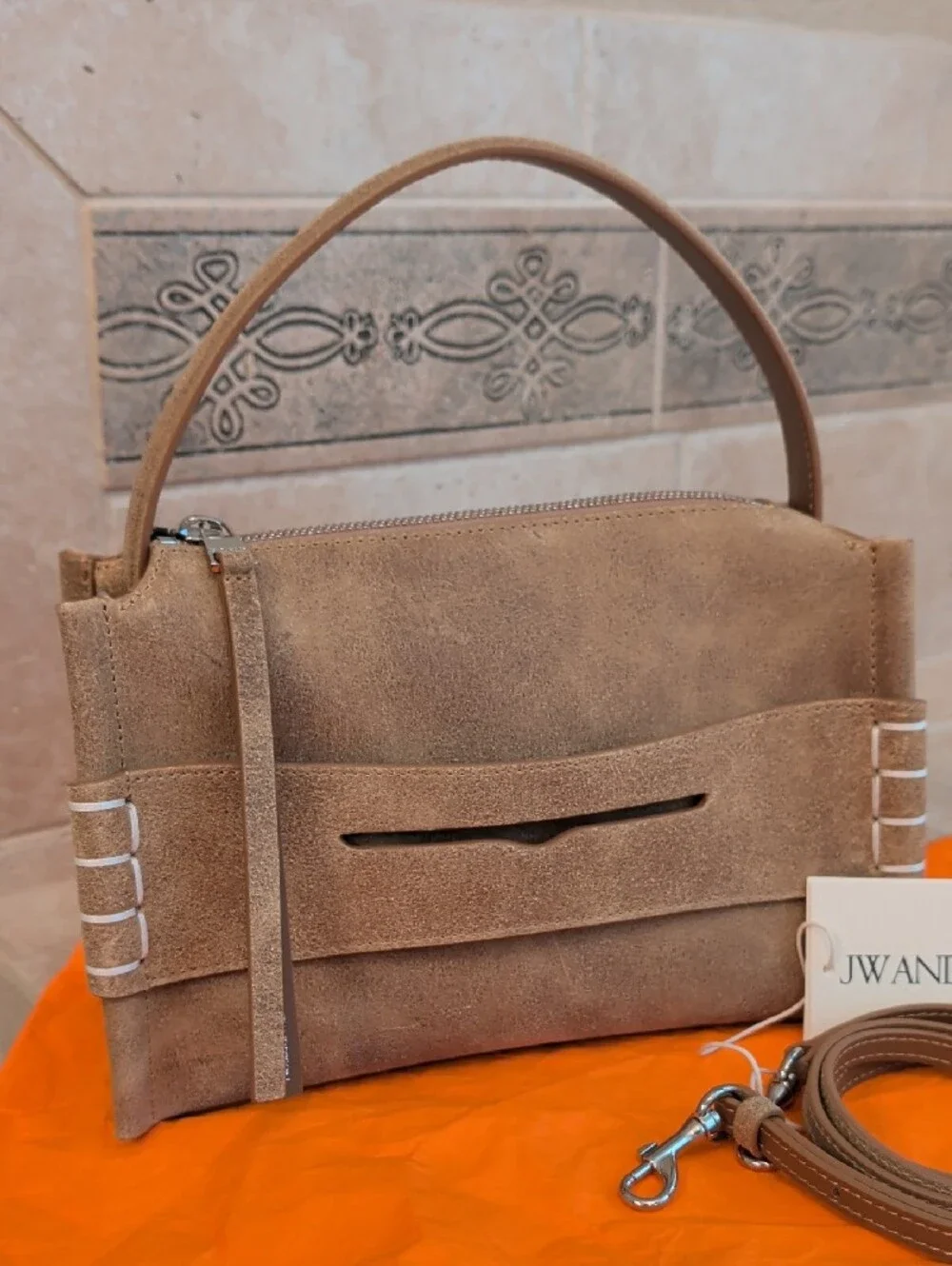 JW Anderson Small Loafer Bag Waxed Tan Gold Suede
